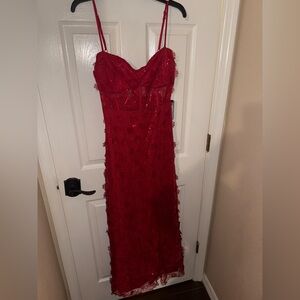 Red Spaghetti Strap Sequin & Appliqué Gown